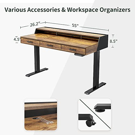 FEZIBO Electric Standing Desk with Drawers, 55x26 Inch Standing Desk Adjustable Height, Stand Up Desk with Monitor Shelf, Sit Stand Home Office Desk, Rustic Brown FEZIBO
