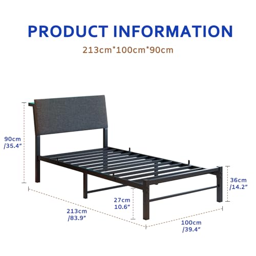 VECOCHO Twin Bed Frame with Storage Headboard,Heavy Duty Metal Platform Bed Frame Twin with Charging Station and LED Lights,Ergonomic Upholstered Single Bed No Box Spring Needed,Noise-Free Slats,Black VECOCHO