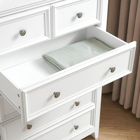 Ball & Cast Farmhouse 6 Drawer Dresser, Chest of Drawers with Vintage Carved Flower Handle and Wood Grain Tabletop, Anti-Tipping Design,31.5" Wide Storage Organizer for Bedroom, Living Room,White Ball & Cast