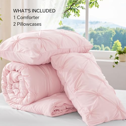 BEDELITE Baby Pink Queen Comforter Set - 3 Pieces Boho Pintuck Bedding Comforter Sets, Lightweight Soft & Warm Bed Comforter Queen with 2 Pillowcases for All Season BEDELITE