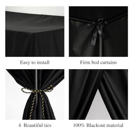 YRDKB Black Canopy Bed Curtains - 4 Corner Post Bed Curtains Queen Lightproof Siamesed Drapes Bed Canopy for Adults & Girls Bedroom Decoration(Black,Queen) YRDKB