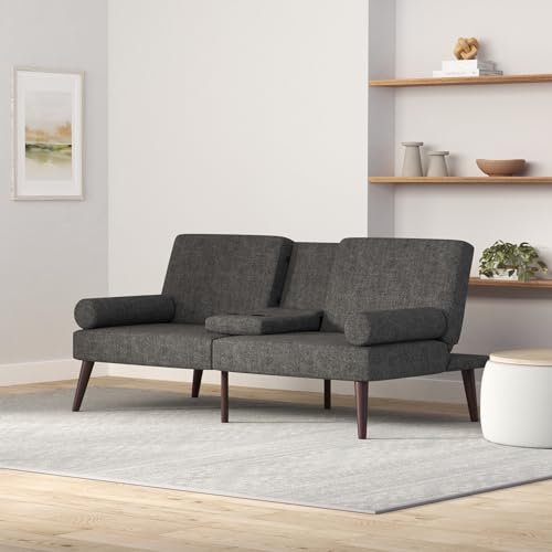 Best Choice Products Mid-Century Modern Upholstered Futon, Convertible Folding Sofa Bed, Small Couch w/Rounded Armrests, 2 Cupholders - Charcoal Best Choice Products
