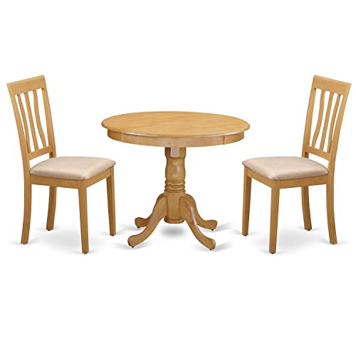 East West Furniture ANTI3-OAK-C 3 Piece Kitchen Set Contains a Round Table with Pedestal and 2 Linen Fabric Dining Room Chairs, 36x36 Inch - WoodArtSupply