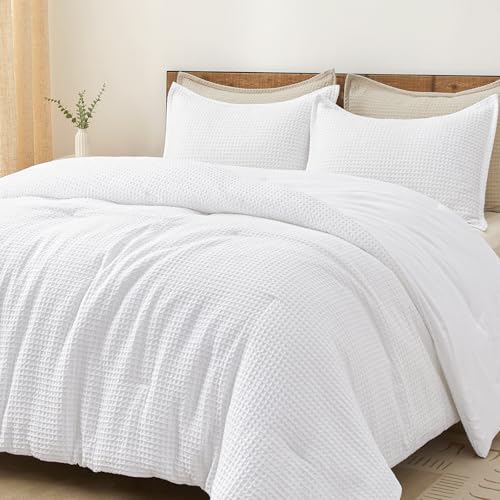 PHF Ultra Soft Waffle Weave Comforter Set King Size, 3 Pieces Lightweight Breathable Comfy Bedding Set, Comfy Textured 1 Comforter with 2 Pillow Shams, White PHF