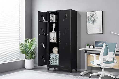 Generic Metal Locker Storage Cabinets, 72” Black Tall Steel Locker, Lockable Doors for Home, Garage. Garden OM566 WoodArtSupply
