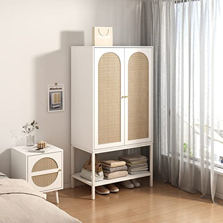 QEIUZON Wardrobe Closet, Rattan Freestanding Wardrobe Cabinet with Storage Cubes & Hanging Rod, Bedroom Armoire, 2-Doors-White QEIUZON