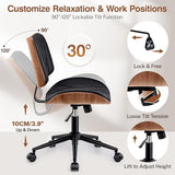 Ergonomic Armless Office Desk Chair - Mid-Century Modern Black Faux Leather with Diamond Stitch, Adjustable Height Swivel Rolling Task Computer Chair with Walnut Accent for Home Office, Study & Work fidom