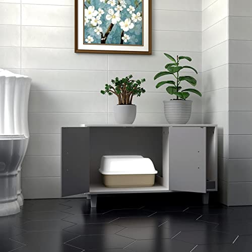 GDLF Modern Wood Pet Crate Cat Washroom Hidden Litter Box Enclosure Furniture House as Table Nightstand with Scratch Pad,Stackable (Gray & White) GDLF