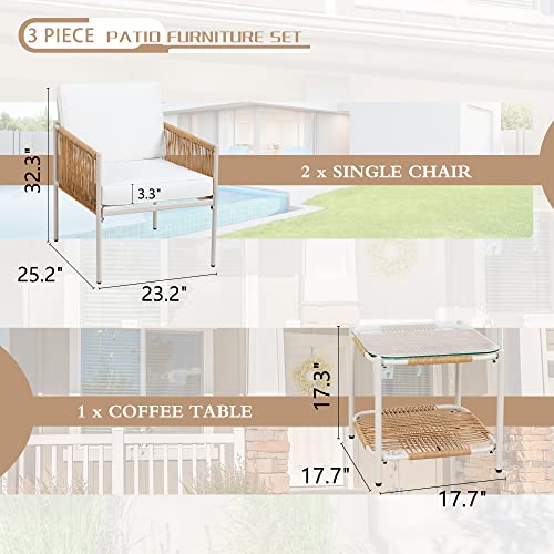 JAMFLY Outdoor Patio Furniture Set 3 Piece, Rattan Furniture Conversation Set, Small Wicker Patio Furniture Set for Porch, Backyard, Balcony with Soft Cushions and Glass Table - WoodArtSupply