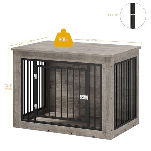 DWVO Dog Crate Furniture, 38 Inch Dog Kennel Indoor Furniture End Table for Dogs, Farmhouse Decorative Wooden Cage, Chew-Resistant, Grey DWVO