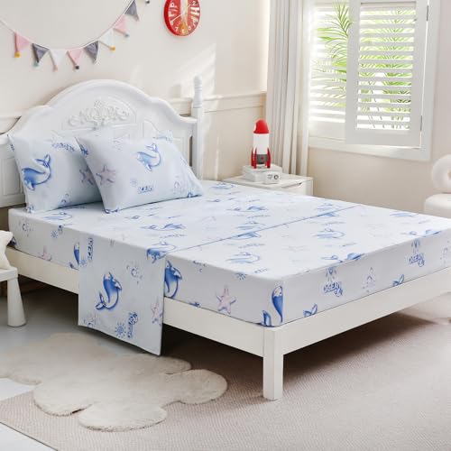 Ocharo Full Size Bed Sheets Set - Cute Ocean Blue Bed Sheet for Kids Sea Animals, Dolphin Whale Starfish Patterned Soft Sheets Light Microfiber 3 Pieces for Girls Boys Bedding Marine Decoration Ocharo