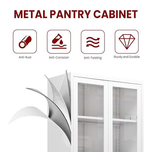AQY Kitchen Pantry Cabinet,72" White Pantry Storage Cabinet with 5 Tire Adjustable Shelves and Glass Doors,Freestanding Cupboard,Metal Pantry Cabinets with Handle for Living Room,Assembly Required AQY