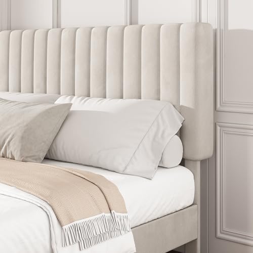 Mxhtcewz King Size Platform Bed Frame with Vertical Channel Tufted Headboard, No Box Spring Needed, Noise-Free, Easy Assembly, Beige Velvet Mxhtcewz