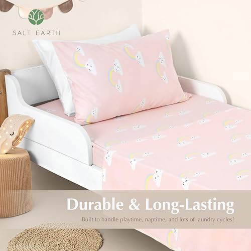 Salt Earth 100% Cotton 210TC Kids Bedsheet, Twin Sheets Set for Toddler Bed, 3 Piece Bedding Set Including Flat Sheet, Fitted Sheet, and Pillowcase, Themed Cute Sheets for Playful Kids Bed(Rainbow) Salt Earth