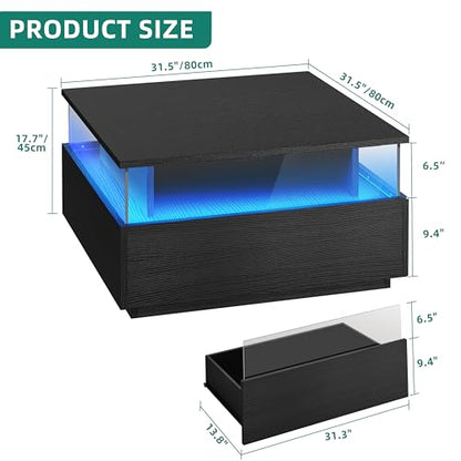 YITAHOME Coffee Table, Coffee Tables for Living Room with Storage, Square Coffee Table with 2 Sliding Drawers, Modern Coffee Table with LED Light, Acrylic Wood Center Table, Black - WoodArtSupply