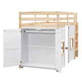Merax Wood Loft Bed Twin Size with Storage Wardrobe, 2 Windows Design, for Teens, Boys & Girls, White Merax
