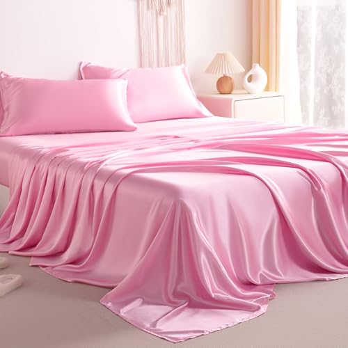 NTBAY Silk Satin King Sheet Set, 4-Piece Luxury and Soft Bedding Set Cooling Silky Sheets for Hair and Skin, Includes 2 Pillowcases, 1 Flat Sheet, 1 Fitted Sheet with Deep Pocket, Pink NTBAY