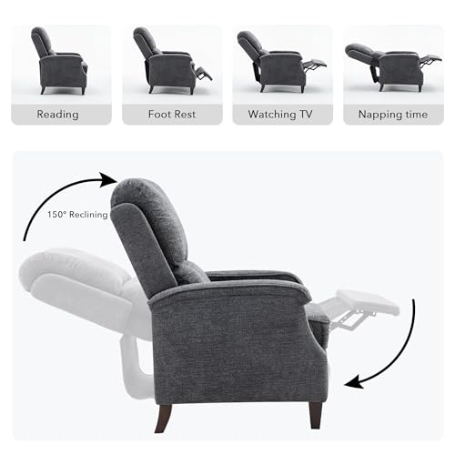 VKNOW Recliner Chair, Fabric Recliner with Soft Armrest, Home Theater Seating with Adjustable Push Back and Lumbar Support, Single Sofa for Adults, Lounge Chair for Living Room, Bedroom（Dark Grey）