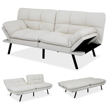 MUUEGM 71-Inch Convertible Futon Sofa Bed with Adjustable Backrest & Removable Armrests, Foldable Sleeper Loveseat for Small Space Living Room, Studio Apartment, Home Office，White MUUEGM