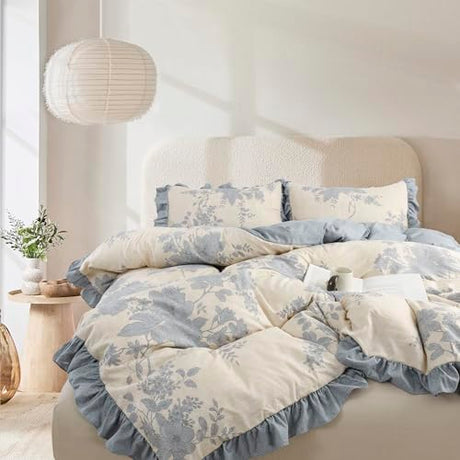 Oli Anderson 3 Piece Floral Comforter Set, Vintage Botanical Print Bedding Set, Farmhouse Lightweight Cottagecore Bed in a Bag with Ruffle Flowers Comforter (Blue, King) Oli Anderson