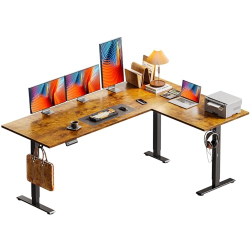Casaottima 63 Inch Reversible L Shaped Electric Standing Desk, Ergonomic Height Adjustable Desk, Large Lift Corner Stand up Table for Workstation, Home Office, Reception Room, Rustic Brown Casaottima