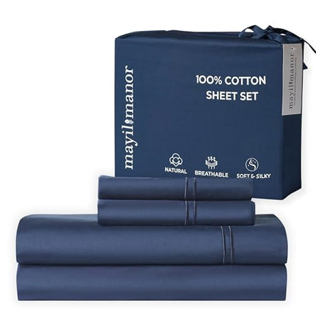 MAYIL MANOR 100% Natural Cotton Bed Sheets | 500 TC Single-Ply Sateen Weave King Size Sheets Set | Breathable & Hypoallergenic Solid 4-Piece Bedding with Deep Pocket Fitted, Flat, Pillowcase|Navy Blue Mayil Manor