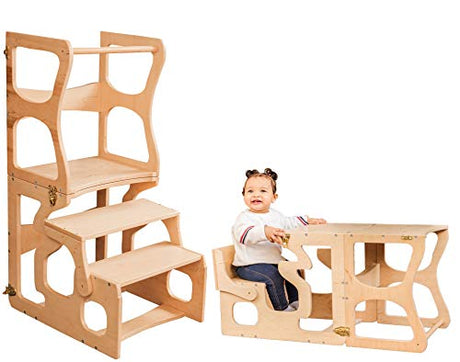 Toddler Step Stool Kids - Kitchen Stool for Toddlers - Learning Helper Tower Montessori Furniture - Chair with Back (with a Neckline) Wood And Hearts