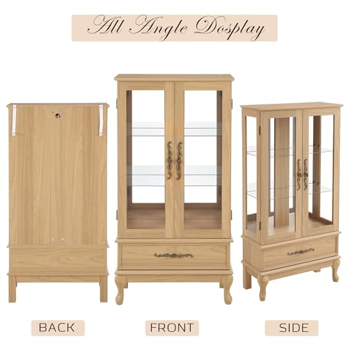 KavlSean 52" H Lighted Display Cabinet, Curio Display Case with 3-Tier Adjustable Shelves, Curio Cabinet with Tempered Glass Doors and Light Bulb, Rack for Living Room Storage (Light Oak) KavlSean