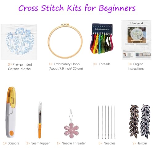 CHIYOSING Embroidery Kit for Beginners Adults, 3 Floral Pattern to Learn Over 30 Different Stitches,Includes Step-By-Step Instructions,Sharp Scissors and 2 Exquisite Hairpins and Multiple Accessories