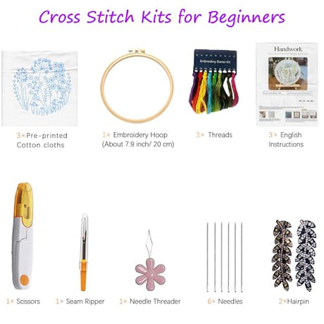 CHIYOSING Embroidery Kit for Beginners Adults, 3 Floral Pattern to Learn Over 30 Different Stitches,Includes Step-By-Step Instructions,Sharp Scissors and 2 Exquisite Hairpins and Multiple Accessories CHIYOSING