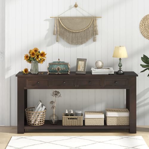 Giantex 63" Farmhouse Console Table with 4 Drawers, Modern Wood Entryway Table, Narrow Long Sofa Tables with Open Storage Shelf for Living Room, Hallway, Entrance, Foyer, Rustic Vintage, Espresso Giantex