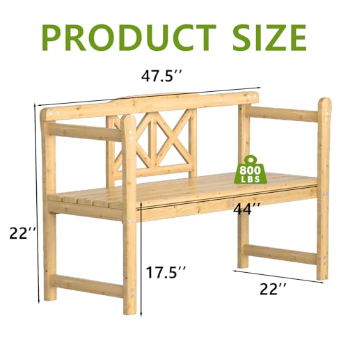 Outdoor Bench, 4 ft Patio Wooden Bench, Weatherproof Sturdy Wood Frame Garden Bench, 2-Person Loveseat with Armrests and Backrest, 800Lbs Weight Capacity, for Porch, Entryway - 22"D x 47.5"W  - WoodArtSupply