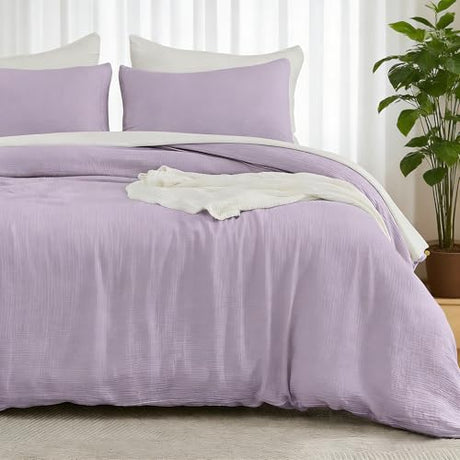 EMME Muslin Cotton Duvet Cover Set Lavender Queen Size Linen Like Soft Breathable Lightweight Summer Comforter Cover Set with Zipper Closure (Lavender, Queen, 90"x90") EMME