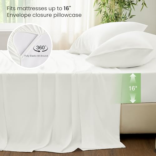 Love's cabin 4 Piece Full Size Sheet Set, Cooling Sheets, 100% Rayon Derived from Bamboo, Breathable & Soft Full Size Bed Set, Deep Pocket Up to 16", Hotel Luxury Silky Bedding Sheets, White Love's cabin