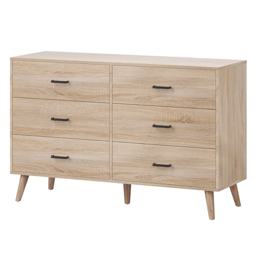 Bigbiglife Wood Dresser for Bedroom, 6 Drawer Dresser with Metal Handles, Mid Century Modern Dresser Double Chest of Drawer (Light Oak) - WoodArtSupply