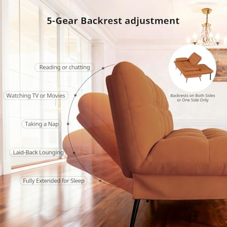 COMHOMA Convertible Sofa Bed,68″Fabric Couch with Adjustable Backrest,Loveseat Recliner Sleeper Living Room Furniture futon Set,Orange COMHOMA