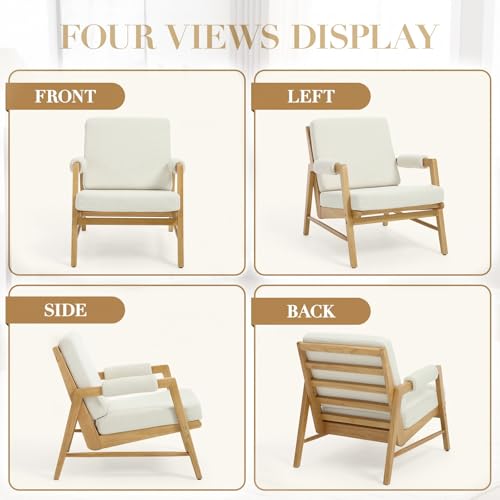 CIMOTA Mid Century Modern Accent Chair, Linen Upholstered Living Room Chairs with Arms, Comfy Reading Chair with Solid Wood Frame, High Back for Bedroom, Waiting Room, Office, Beige CIMOTA