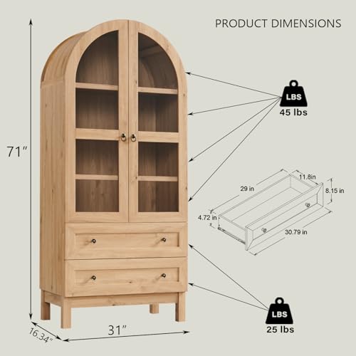 IFGET 71" Tall Arched Kitchen Pantry, Modern Farmhouse Wood Kitchen Storage Cabinets with 2 Large Drawers and Adjustable Shelves, Versatile Cupboard for Kitchen, Dining Room, Bathroom, Natrual IFGET