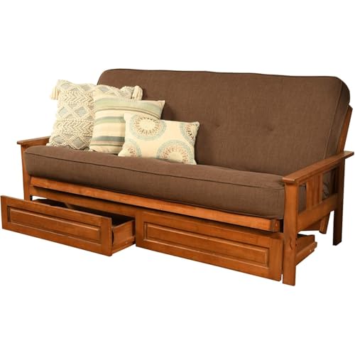 HomeStock Full Size Futon Frame with Mattress - Hardwood Sofa Bed Convertible 79" Linen Cocoa/with Storage Drawers HomeStock