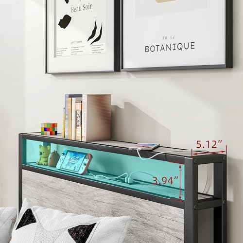 BOFENG Twin Bed Frame with Wood Storage Headboard/USB Charging Station,Heavy Duty Metal Single Platform Bed Frames No Box Spring Needed,Heavy Duty Metal Slats,Noise Free,Greige BOFENG