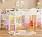 VIAGDO Low Loft Bed Twin Size with 9 Storage Drawers, Bookcase and LED Lights, Metal Kids Loft Bed with Wide Staircase, Open Shelves and Safety Guardrail, Twin Loft Bed with Under-Bed Playhouse, White VIAGDO