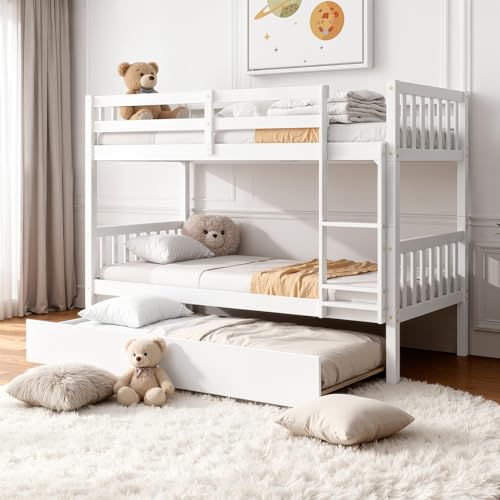 Twin Over Twin Bunk Bed with Trundle, Convertible into Two Twin Platform Beds, Wood Bed Frame with Ladder & Safety Guardrails, Space-Saving Design for Kids & Guests, No Box Spring Needed (White) XEPAMU