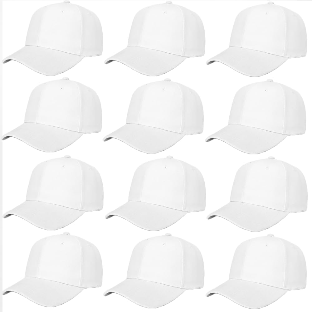 ZH Plain Baseball Caps,Adjustable Baseball Caps,Lot 12 PC Unisex Blank Design Baseball Caps White