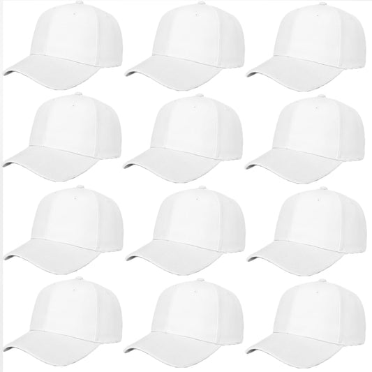 ZH Plain Baseball Caps,Adjustable Baseball Caps,Lot 12 PC Unisex Blank Design Baseball Caps White