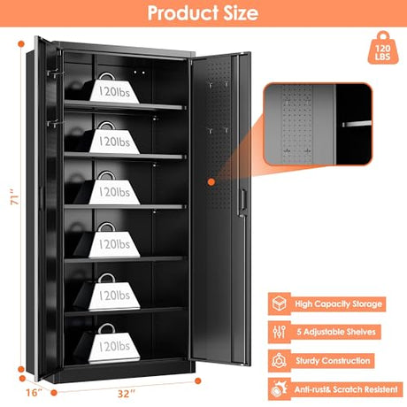 JAORD Lockable Garage Storage Cabinet with 5 Adjustable Shelves, 71" H Black Metal Storage Cabinet with 2 Pegboard Doos for Garage, Home, Assembly Required, Black JAORD