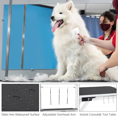 47" Electric Dog Grooming Table, Pet Grooming Table for Dogs & Cats, Height Adjustable (9"-40") with Overhead Arm, Anti Slip Tabletop, 3 Grooming Noose, White