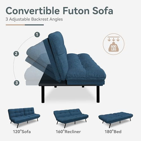 AMICLIBER Futon Sofa Bed Convertible Couch, Blue Linen Sofa Bed with Memory Foam, Adjustable Backrest & Armrests, Multifunctional Small Loveseat Sleeper Sofa for Living Room, Apartment, Office AMICLIBER