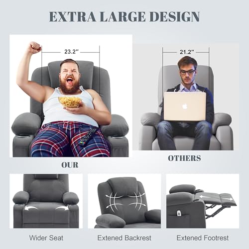 Weture Oversized Swivel Rocker Recliner Chair with Heat and Massage, Big Large Recliner Chair for Living Room, 360 Degree Swivel Rocking Single Sofa with Cup Holders and USB Port (Fabric, Darkgrey)
