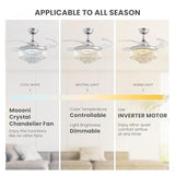 Moooni Dimmable Fandelier Crystal Ceiling Fans with Lights and Remote Modern Invisible Retractable Chandelier Fan LED Ceiling Fan Light Kit -Polished Chrome 36 Inches Moooni