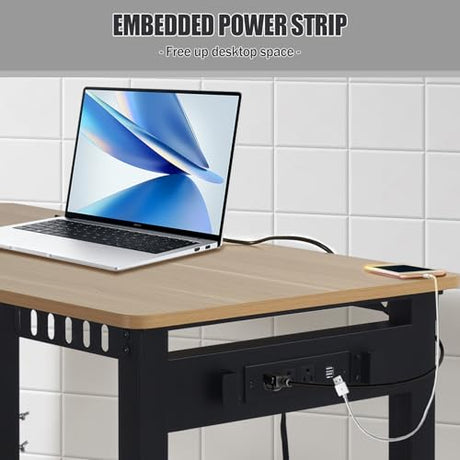48" Adjustable Workbench with Power Outlets - 2000 LBS Load Capacity, Rubber Wood Top, 6-Level Height Adjustment (26.3" to 35.8") - Heavy-Duty Work Table for Workshop, Garage, Home Yoloyakidra
